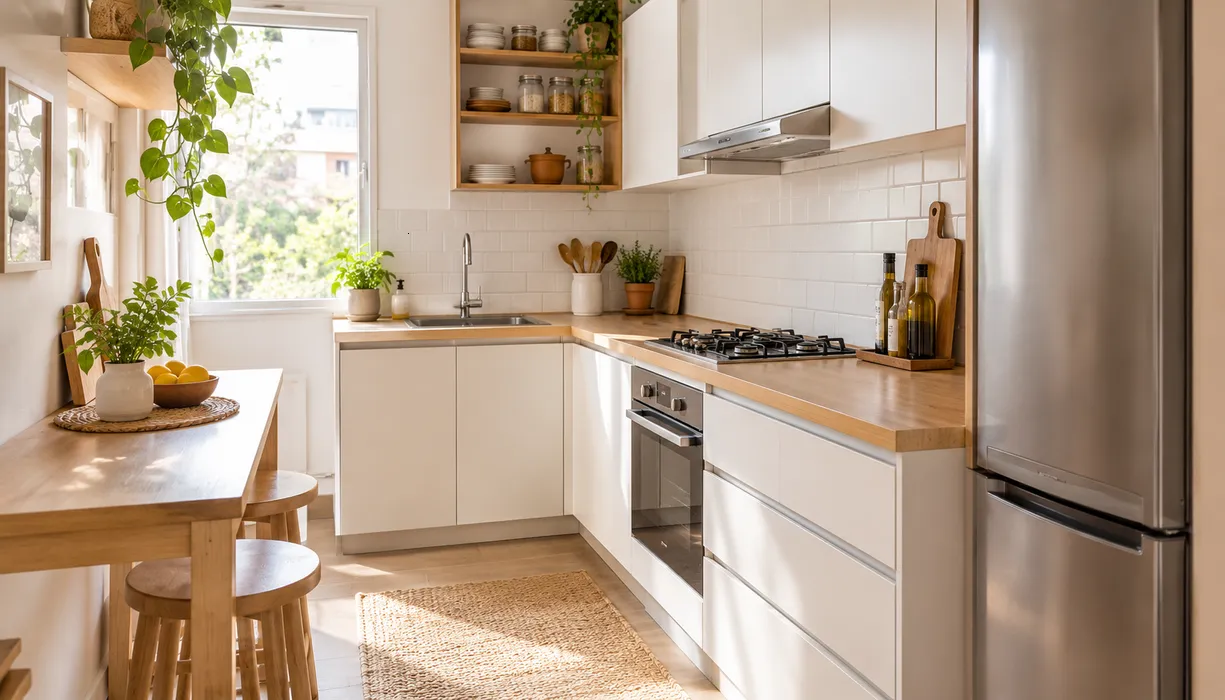 Cocina luminosa con muebles claros y superficies organizadas